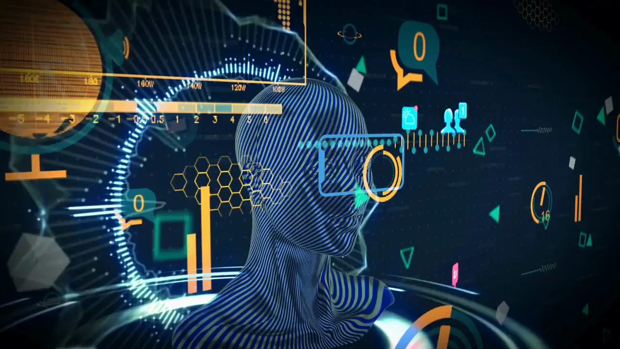 Holographic AI head scanned by evaluation instruments