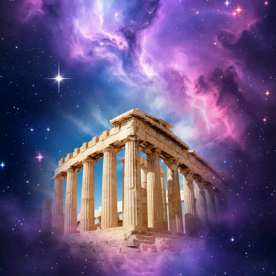 A classical temple floating in a violet nebula