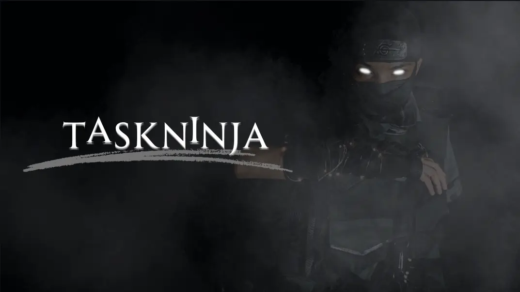 TaskNinja wordmark emerging from darkness